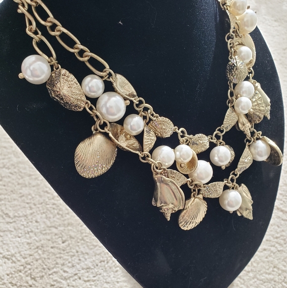 SOLD Talbots Double Layer Gold Shell, Rhinestone and Pearl Necklace - Picture 4 of 8